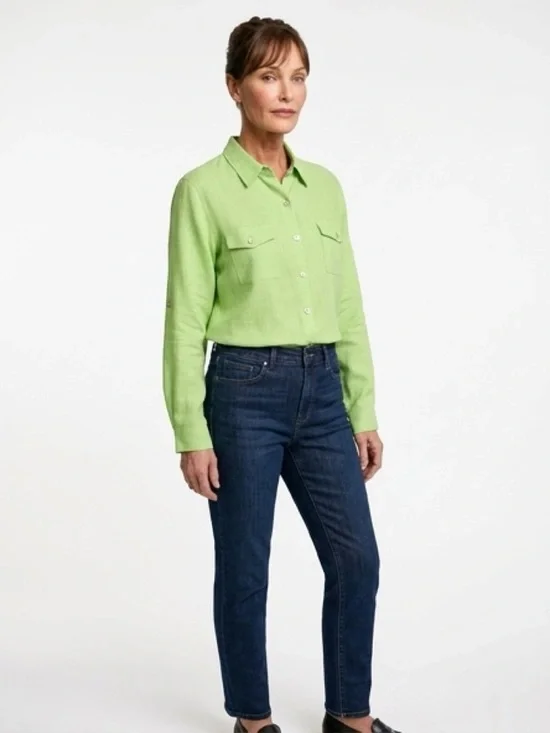 Studio Works Bright Lime Green Collared Linen Top - Picture 6 of 6